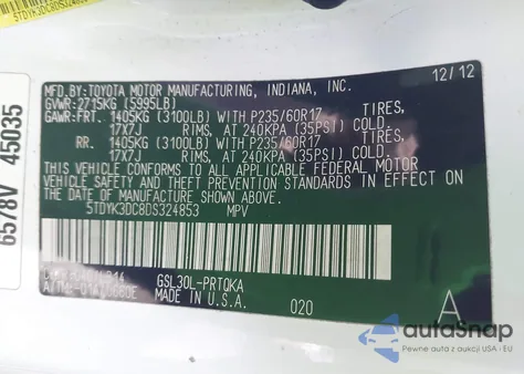 2013 Toyota Sienna Xle из США, поврежденный, VIN 5TDYK3DC8DS324853